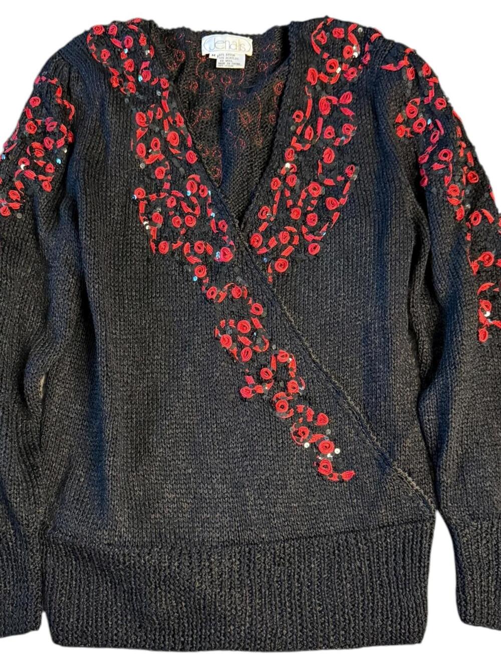 Jenalis Black Red Sequin Floral Sweater Medium